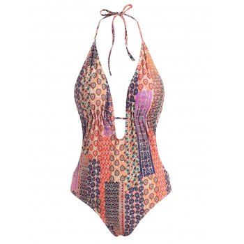 

Ethnic Flower Paisley Backless Halter One-piece Swimsuit, Multicolor