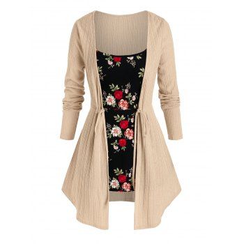 Image of Plus Size Floral Print Tied Curved Hem Knitwear