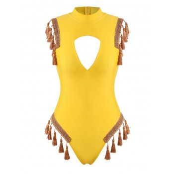 

Tassel Tape Trim Cutout High Neck One-piece Swimsuit, Yellow