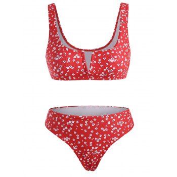 

Ditsy Print V Wired Tank Bikini Swimwear, Red