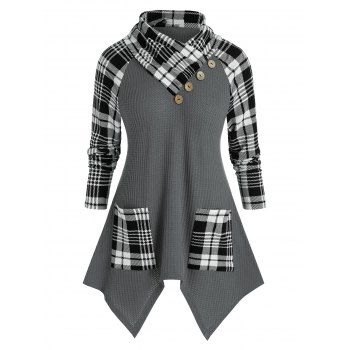 

Plus Size Foldover Plaid Handkerchief Pocket Sweater, Battleship gray