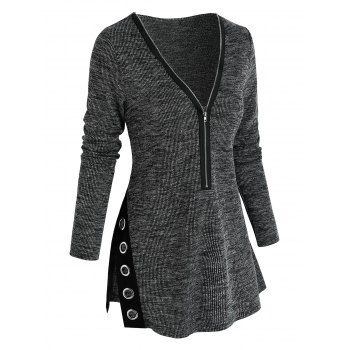 

Casual Zipper Grommet Slit Knitted Top, Dark slate grey