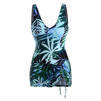 

Leaf Print Plunging Cinched Skirted Tankini Swimwear, Multicolor