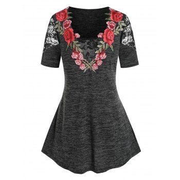 

Plus Size Flower Lace Embroidery T Shirt, Black