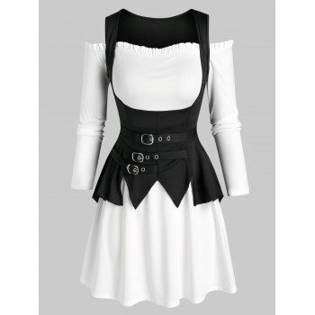 

Off The Shoulder Plain Dress and Buckle Strap Asymmetrical Vest, Black