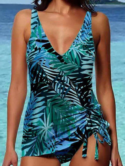 Maillot de Bain Tankini Superposé Plongeant à Imprimé Feuille - multicolor M