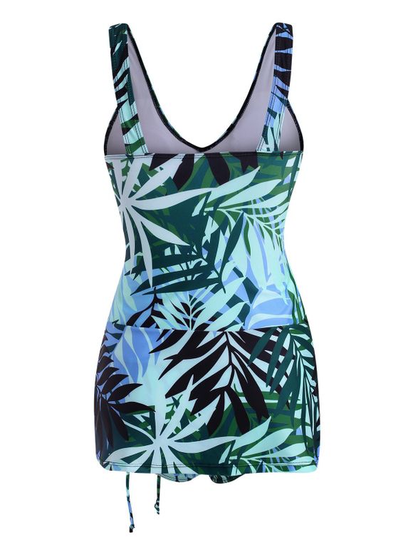 Maillot de Bain Tankini Superposé Plongeant à Imprimé Feuille - multicolor M