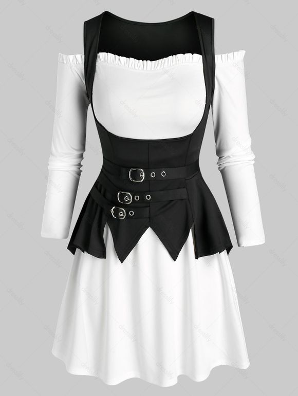 Robe Simple à Epaule Dénudée avec Gilet Asymétrique Bouclé - Noir XL