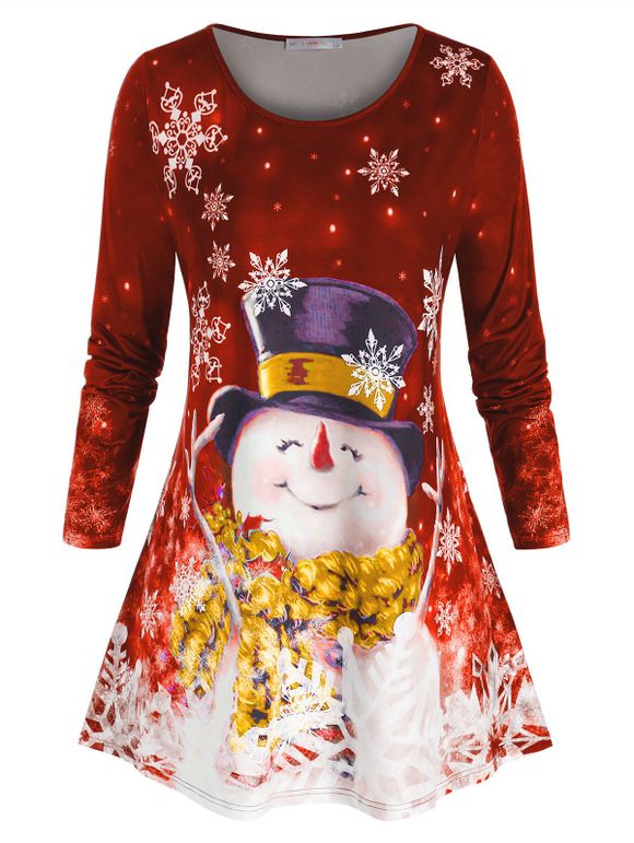 T-shirt de Noël à Imprimé Bonhomme de Neige et Flocon de Neige de Grande Taille - Rouge Saint Valentin L