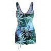 Leaf Print Plunging Cinched Skirted Tankini Swimwear - multicolor S