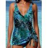 Leaf Print Plunging Cinched Skirted Tankini Swimwear - multicolor S