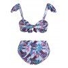 Maillot de Bain Bikini à Imprimé Feuille Tropicale Noué à Volants - Bleu profond XL