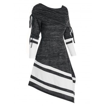 

Striped Cinched Foldover Asymmetrical Long Sleeve Dress, Black