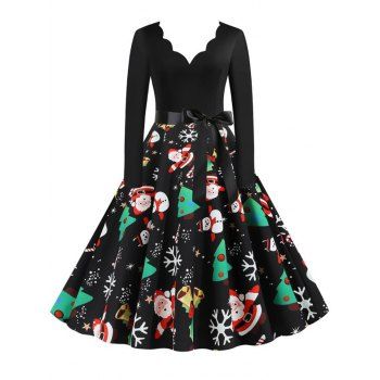 

Christmas Trees Snowman Scalloped Long Sleeve Belted Dress, Black