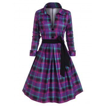 Image of Tartan Mock Button Belted Dress