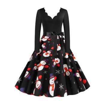 

Christmas Snowman Snowflake Scalloped Belted Vintage Dress, Black