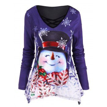 Women Christmas Snowman Snowflake Crisscross Uneven Hem Knitwear Clothing L Deep blue