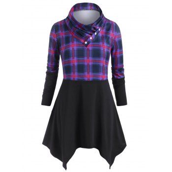 

Plus Size Shawl Collar Plaid Asymmetric T Shirt, Concord