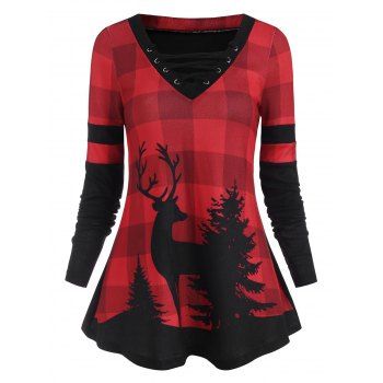 

Elk Plaid Tree Print Lace Up Knitwear, Red