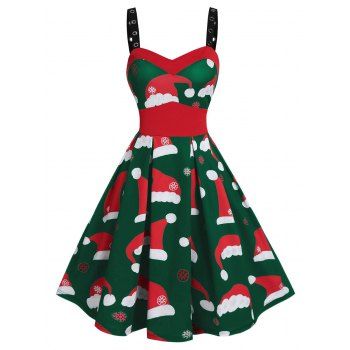 

Plus Size Eyelet Straps Christmas Hats Print Dress, Deep green