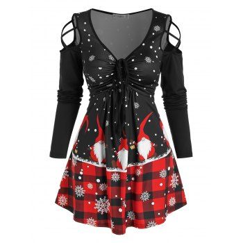 

Christmas Printed Crisscross Cold Shoulder Cinched T Shirt, Black