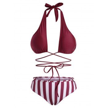 

Striped Cutout Cross Wrap Bikini Swimwear, Deep red