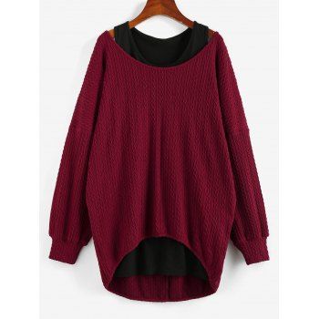 

Drop Shoulder High Low Jacquard Sweater and Plain Tank Top, Firebrick