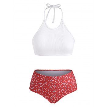 

Ditsy Floral Ribbed Tie Crop Tankini Swimwear, White