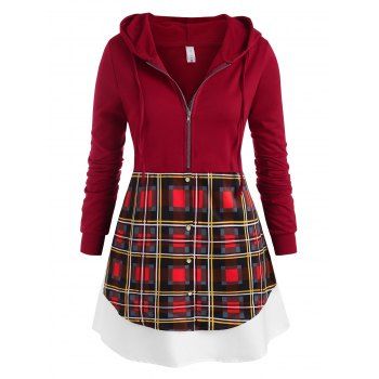 

Plus Size Hooded Half Zipper Plaid Layered Top, Red