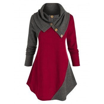 

Plus Size Ribbed Bicolor Foldover Round Hem Sweater, Carbon gray
