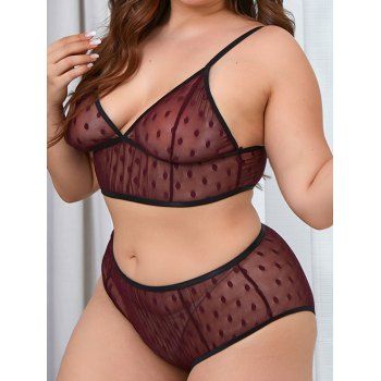 Image of Plus Size Polka Dot Plunge Sheer Mesh Lingerie Bra Set