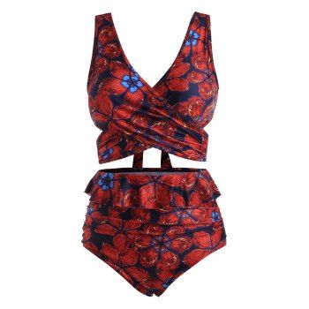 

Ruffle Flower High Waisted Wrap Tankini Swimwear, Red