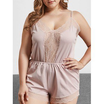 

Plus Size Lace Insert Open Back Cutout Pajama Romper, Light pink