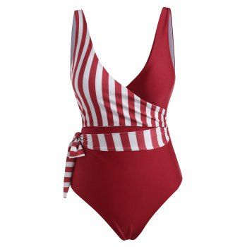 

Vertical Striped Plunge High Rise Wrap One-piece Swimsuit, Red