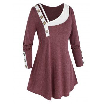 

Plus Size Skew Neck Paneled Mock Button T Shirt, Red wine