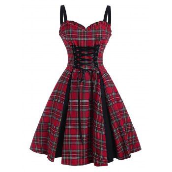 

Summer Plaid Lace Up Corset Style Ruffle Sweetheart Dress, Red