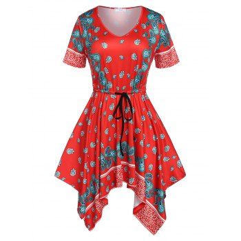 

Plus Size Paisley Flower Hanky Hem Drawstring T-shirt, Red