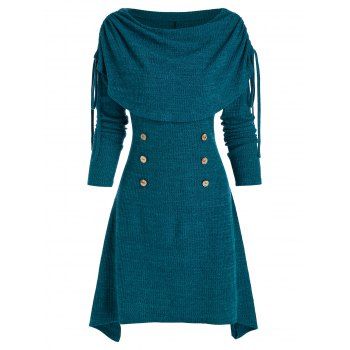 

Mock Button Asymmetric Cinched Foldover Knitted Dress, Peacock blue