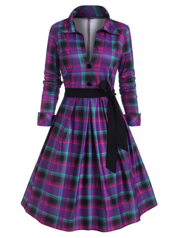 Robe Ceinturée à Tartan avec Bouton - Pourpre 2XL