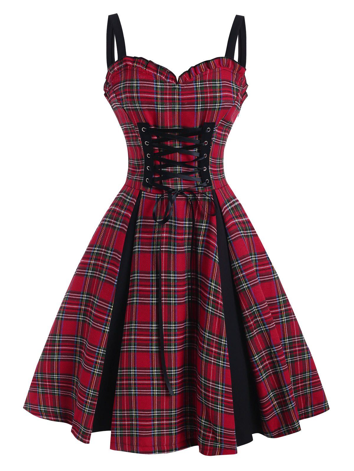 Summer Plaid Lace Up Corset Style Ruffle Sweetheart Dress - RED S