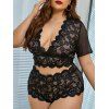 Ensemble de Lingerie en Dentelle en Maille Transparente à Coupe Basse de Grande Taille - Noir 3XL
