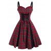 Summer Plaid Lace Up Corset Style Ruffle Sweetheart Dress - RED S