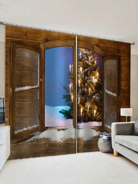 2 Panels 3D Window Christmas Tree Print Window Curtains