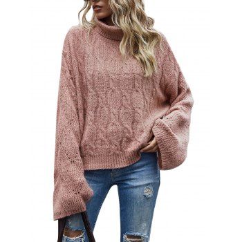 

Turtleneck Cable Knit Pointelle Knit Sweater, Light pink