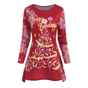 

Christmas Tree Letter Star Print High Low T Shirt, Deep red