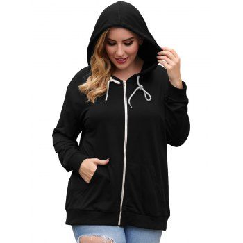 

Zip Up Pockets Drawstring Plus Size Hoodie, Black