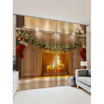 

2 Panels Christmas Stocking Fireplace Print Window Curtains, Multicolor