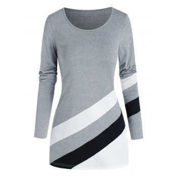 

Oblique Striped Pattern Colorblock T Shirt, Light gray