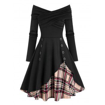 Image of Off The Shoulder Button Plaid Panel Asymmetric Dress
