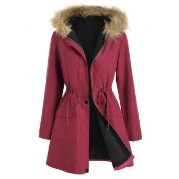 

Drawstring Waist Faux Fur Panel Coat, Red wine